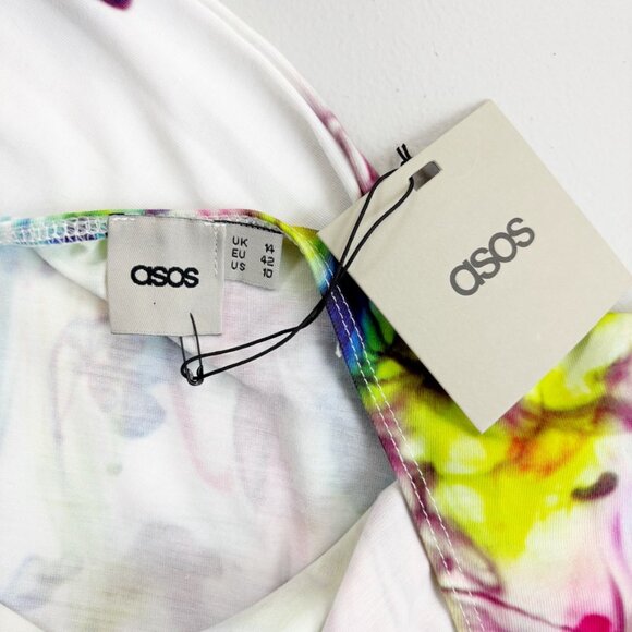 ASOS Low Back Wiggle Midi Dress US 10 NWT Abstract Watercolor Print Mesh Panel - Picture 6 of 11